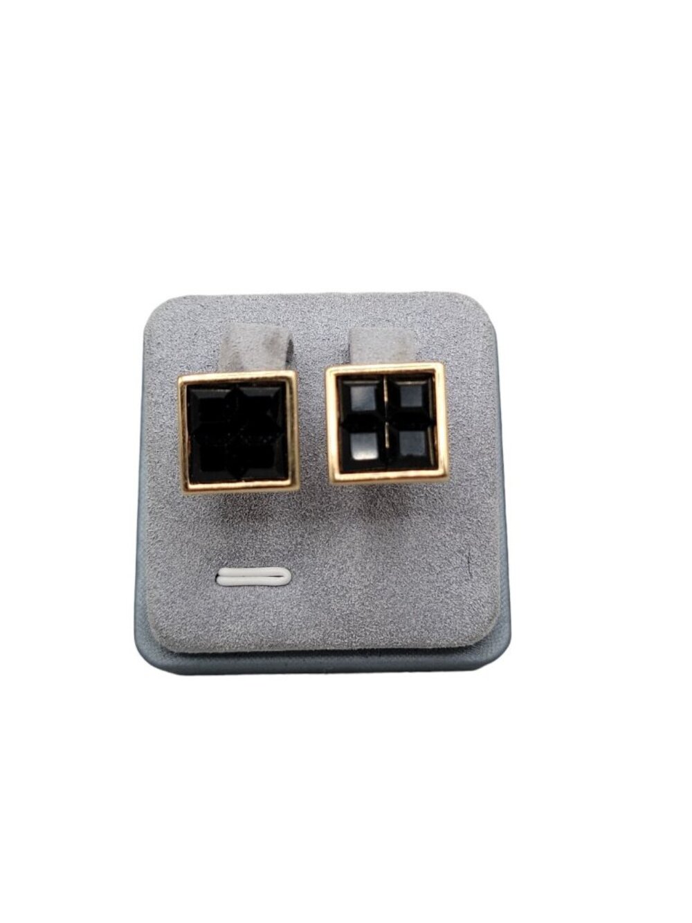 Swarovski Sal Signed Black Crystal Grid Square Post Earrings Gold Plated Studs - Picture 2 of 13